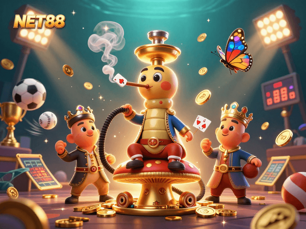 NET88 sports betting scene with a Turkish sultan caterpillar and dynamic sports elements