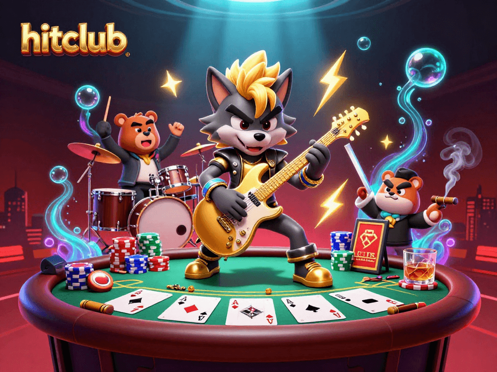 Hitclub showcases a 3D rock star wolf shredding guitar amidst poker excitement and vibrant casino energy.