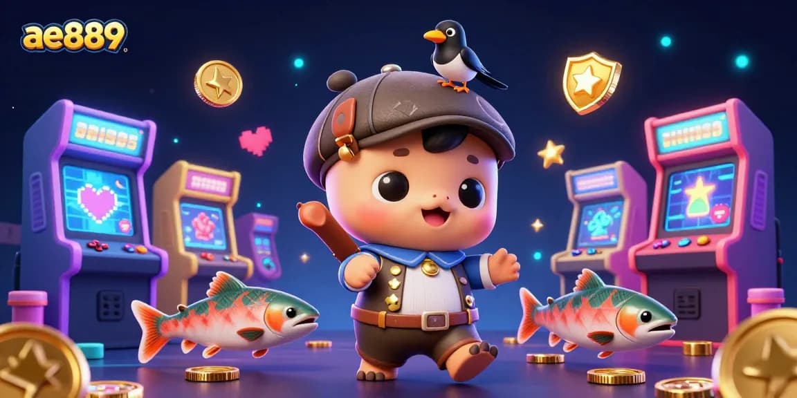 Play exciting games at ae889 while enjoying a vibrant 3D illustration with casino-themed characters.
