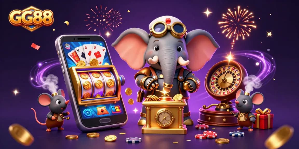 Experience thrilling gaming moments at GG88 with a steampunk elephant and exciting slot machine action.