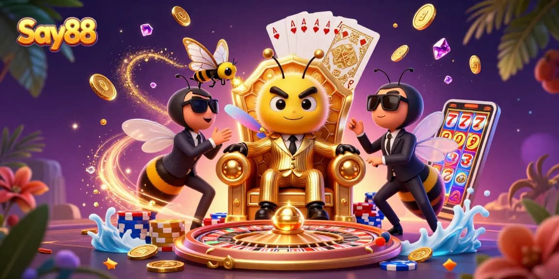 Experience the thrilling action of Say88 with 3D illustrated characters in a vibrant casino scene.