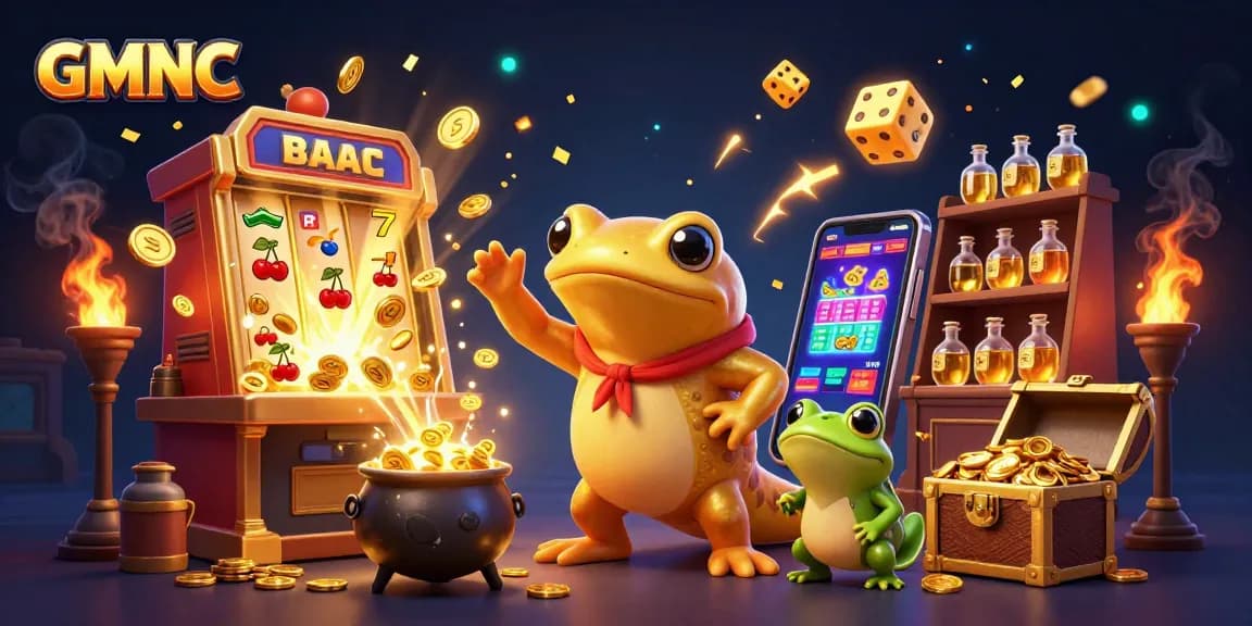 GMNC showcases a magical scene of a giant golden salamander creating gold coins among casino games and symbols.