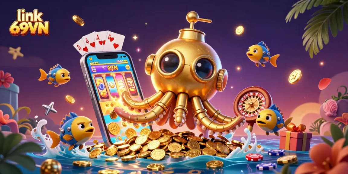 Engage in thrilling gaming with link 69VN in this vibrant 3D casino illustration showcasing a golden kraken submarine.