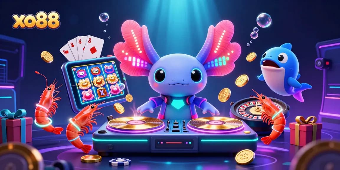 Spin to win at xo88 with vibrant 3D casino characters illuminating an underwater party scene.