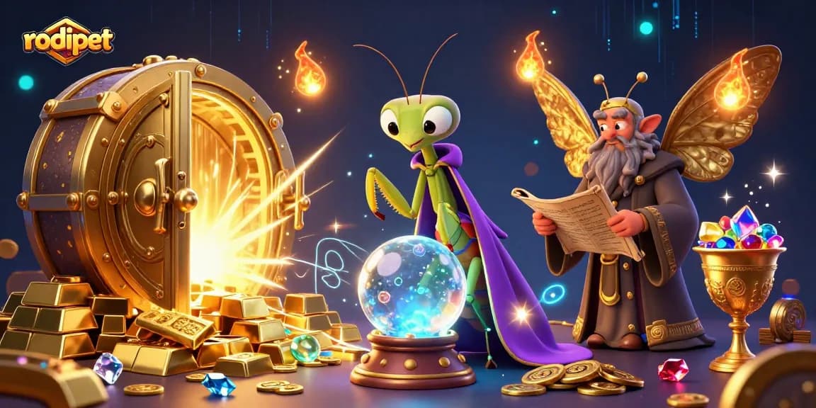 Experience enchanting gambling thrills with rodipet at the mystical casino scene filled with treasures and magical elements.
