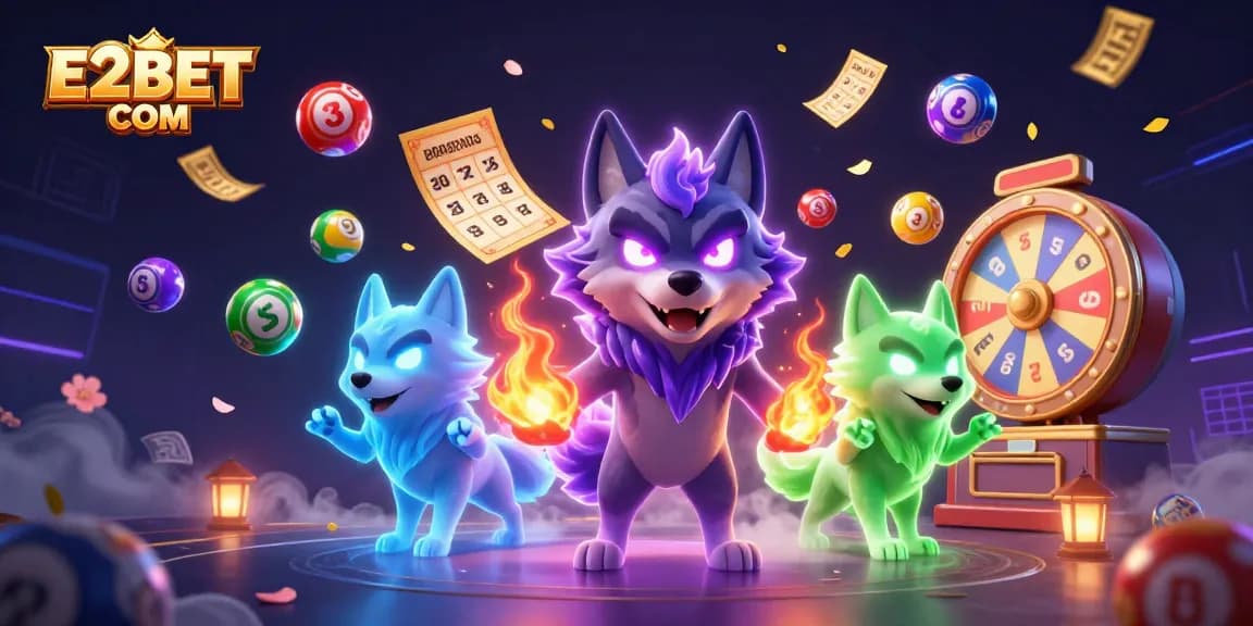E2BET COM showcases an exciting casino scene with mystical wolves amidst vibrant gaming elements.