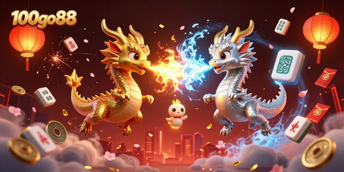 Experience thrilling gameplay at 100go88 with golden and silver dragons in an enchanting casino world.