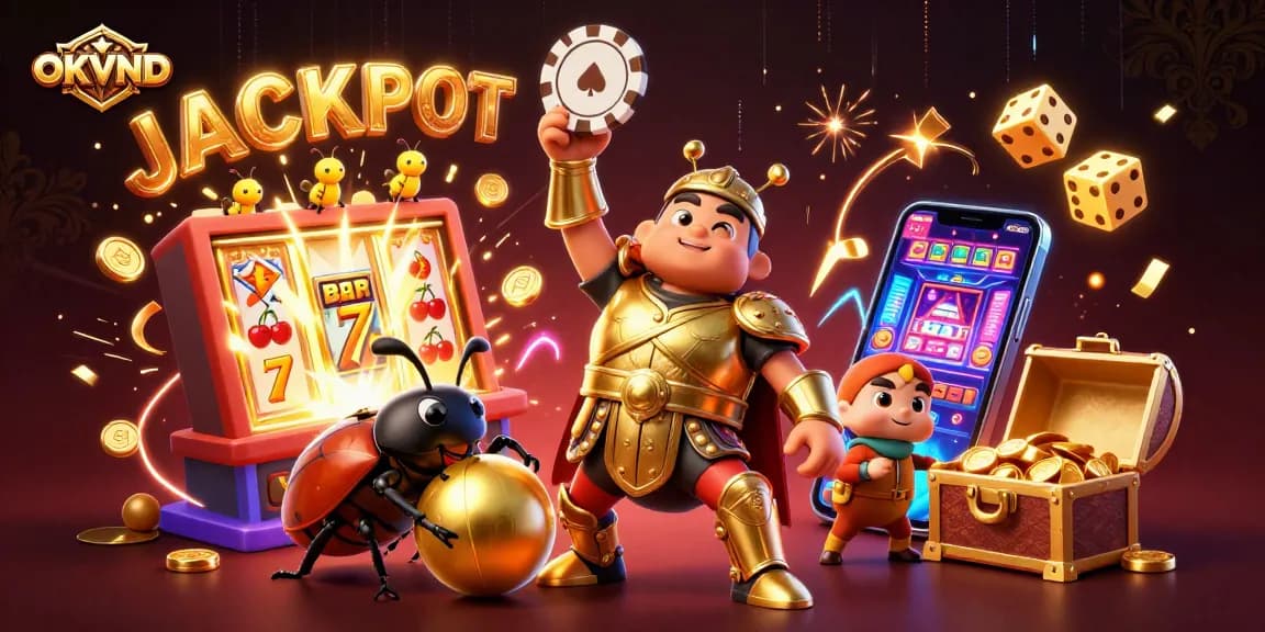 OKVND showcases winning strategies in a vibrant casino scene featuring dynamic characters and gambling elements.