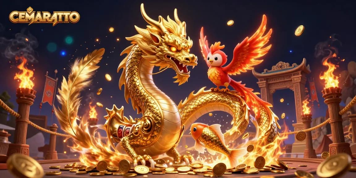 CEMARATOTO showcases a vibrant casino scene with a golden dragon, fiery phoenix, and koi fish amidst slot reels and coins.