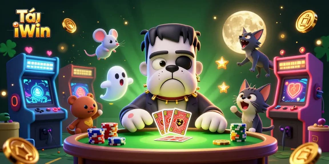 Tải iWin to access thrilling casino games with a playful atmosphere featuring a Frankenstein bulldog and ghost mouse.