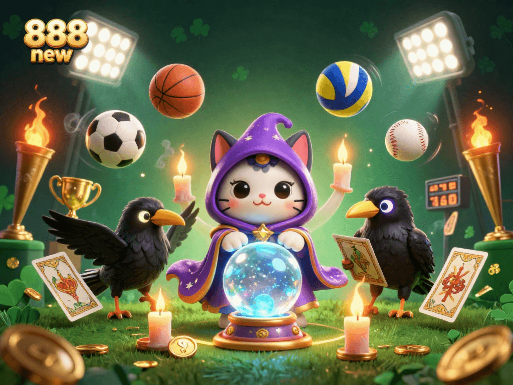 Experience 888 new gaming magic with a fortune teller cat, raven, and dynamic sports elements.