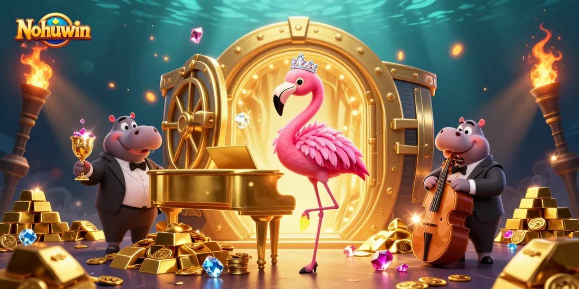 Nohuwin offers thrilling jackpot action amid dazzling gold and gemstone treasures in this vibrant casino scene.