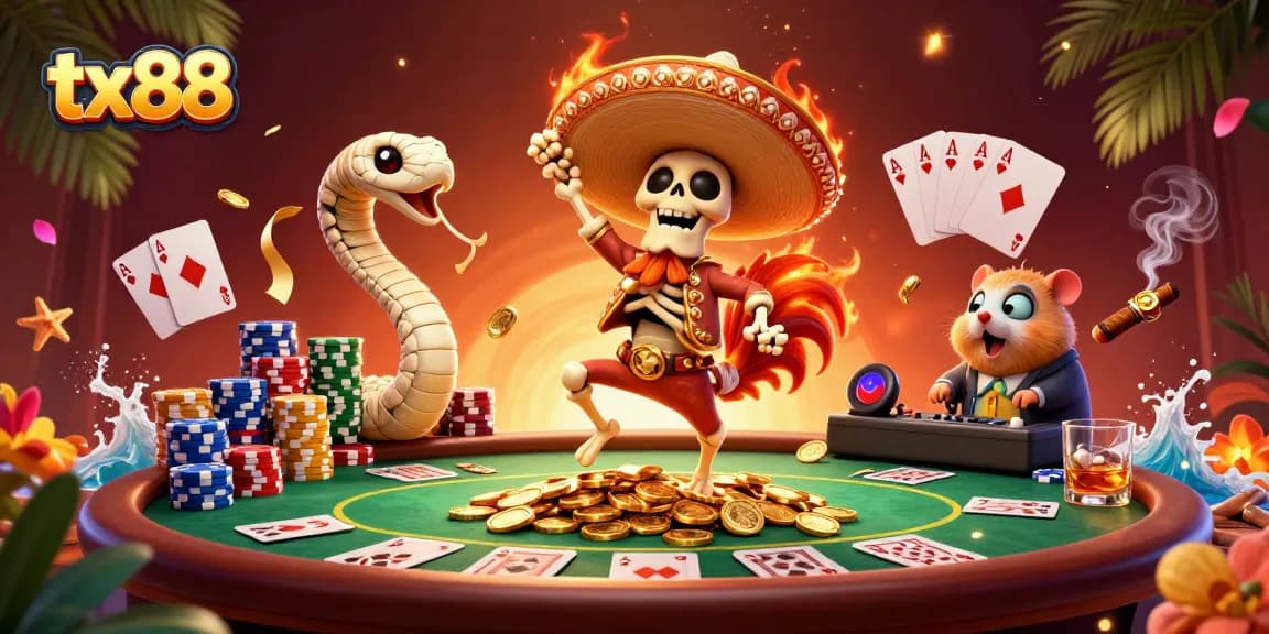 Experience the vibrant tx88 gaming world with animated characters celebrating in this lively casino scene.