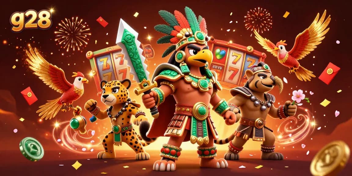 Experience the thrilling excitement of g28 with cartoon warriors battling for jackpots amid casino elements.