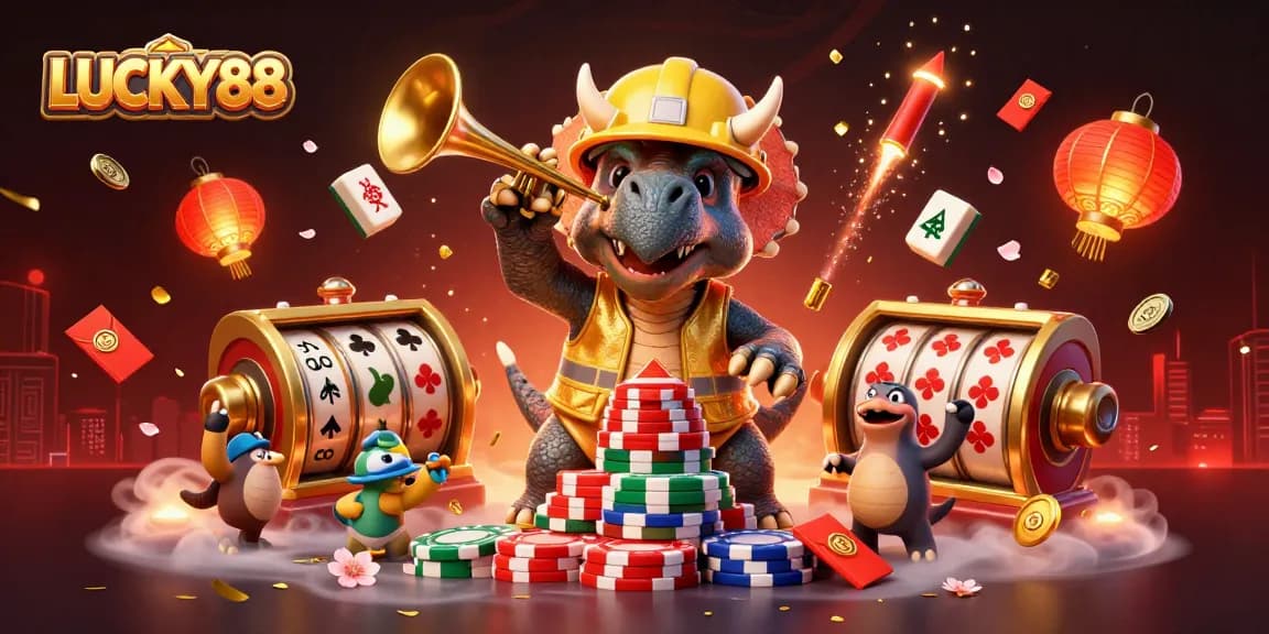 Experience the excitement of LUCKY88 as a triceratops builds poker chip towers amidst vibrant casino elements.