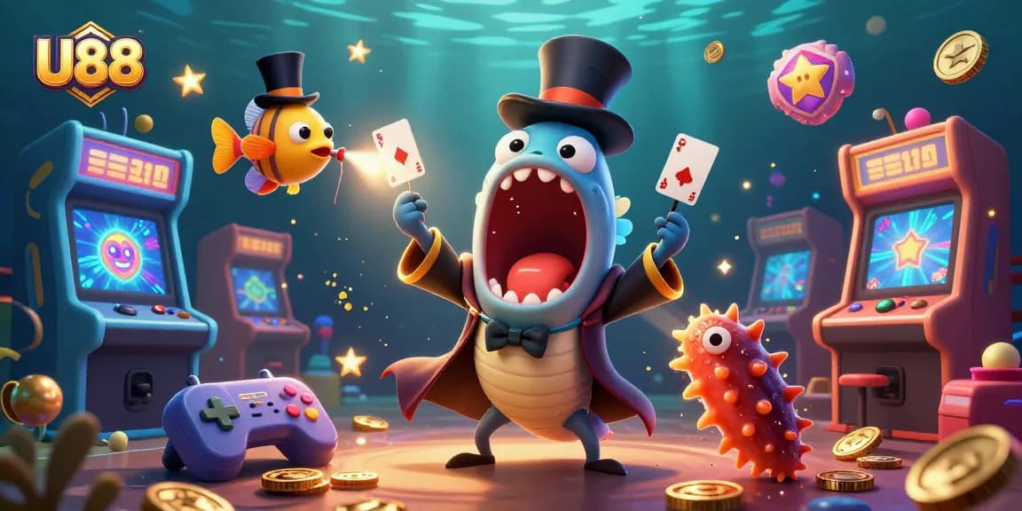 U88 players engage in thrilling card tricks by a deep-sea eel and anglerfish illuminated by neon elements.