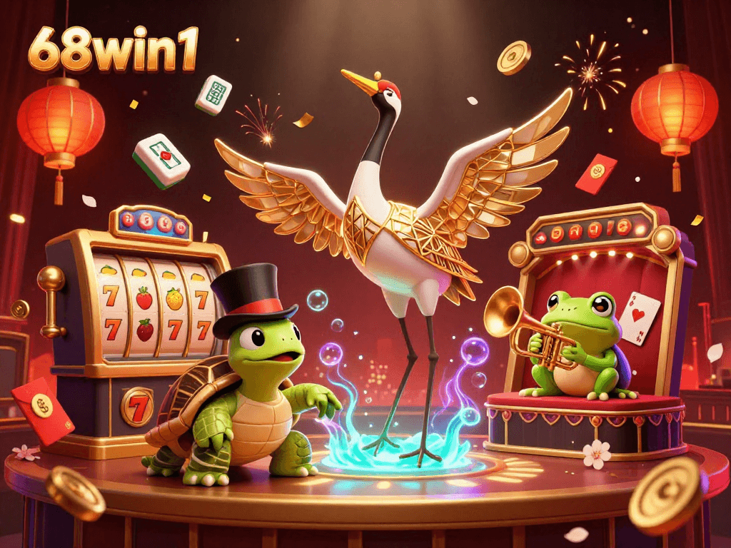 Win big with 68win1's vivid 3D casino scene featuring dynamic gameplay elements and cartoon characters.