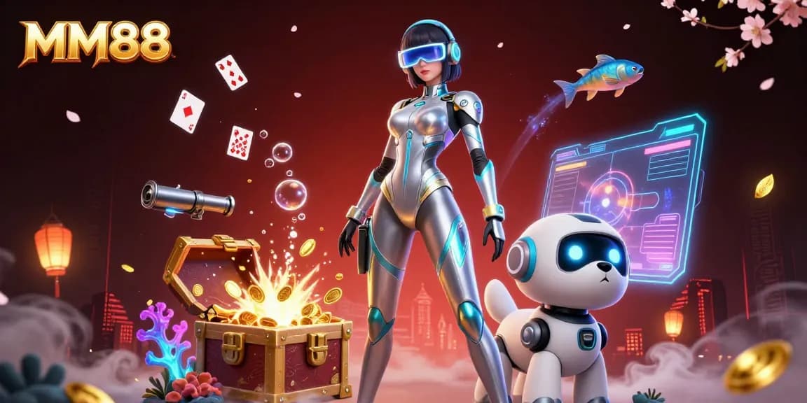 Engage with MM88's exciting gambling universe featuring a futuristic scene with vibrant casino elements.