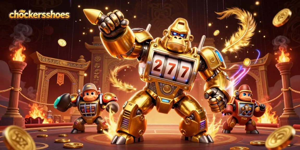 Engage with chockersshoes in an epic 3D scene featuring a golden gorilla mech and casino elements.