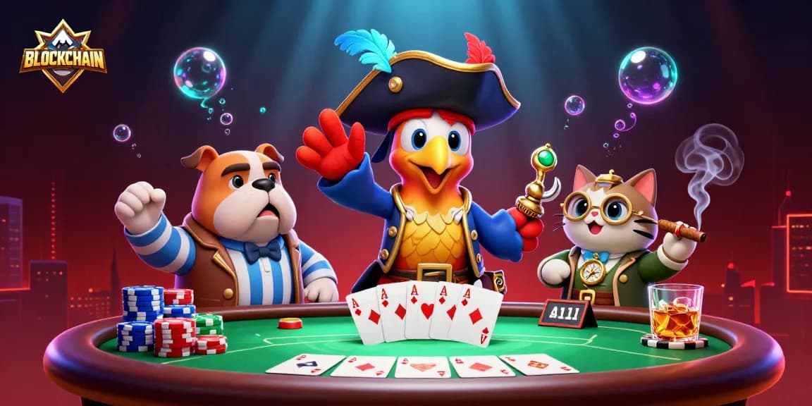 Engage with the BLOCKCHAIN gaming scene featuring quirky pirate characters and poker elements.