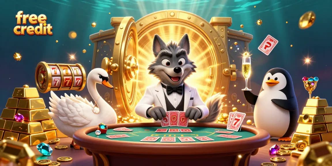 Experience free credit bonuses at casinos with a cartoon wolf, swan, and penguin among treasures.