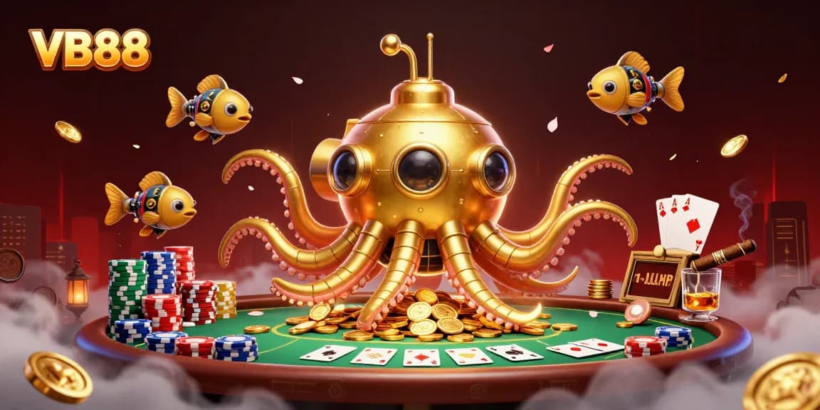 Win big at VB88 with this exciting 3D scene of a golden kraken submarine amidst poker riches.