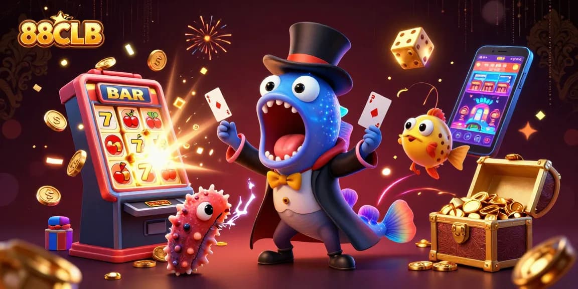 Experience the magic of 88CLB with dazzling card tricks and dynamic casino elements in this vibrant illustration.