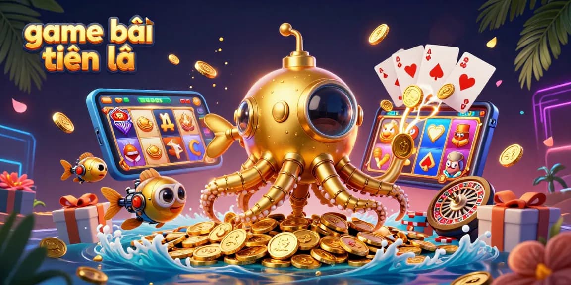 Engage with game bài tiến lên through lively 3D illustration featuring a golden kraken and vibrant casino elements.