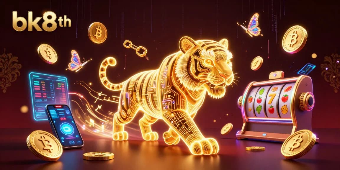 Experience the bk8th casino adventure featuring a dynamic neon tiger and crypto elements.