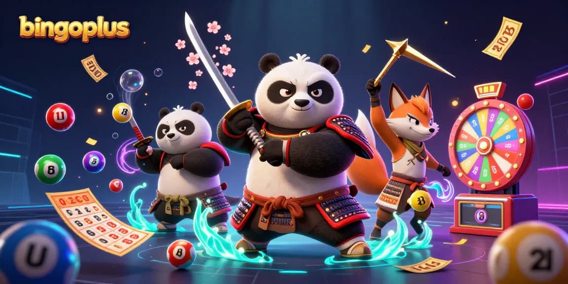 Experience the excitement of bingoplus with a dynamic scene featuring a samurai panda, ninja fox, and thrilling lottery elements.