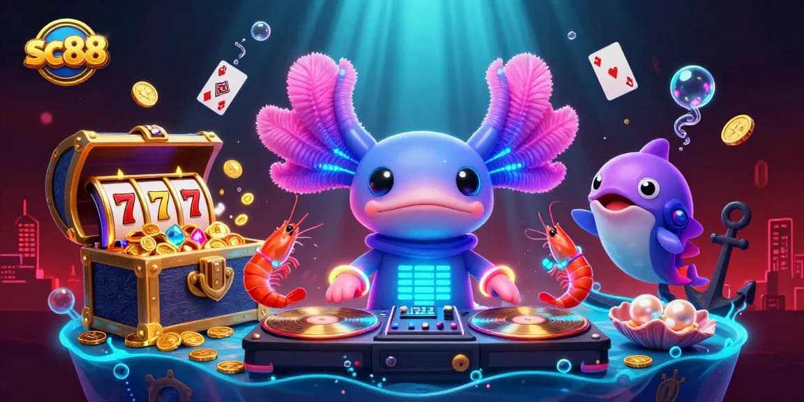 sc88 axolotl DJ spins at an underwater jackpot with vibrant gems and playful sea creatures
