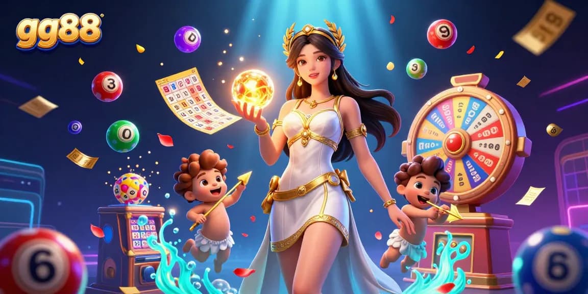 Experience the excitement at gg88 with vibrant lottery elements and a stunning goddess character.