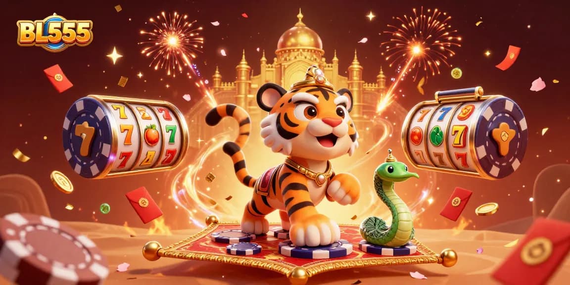 Experience the thrill of gaming with BL555 in this vibrant 3D illustration showcasing slot reels, a tiger sultan, and festive elements.