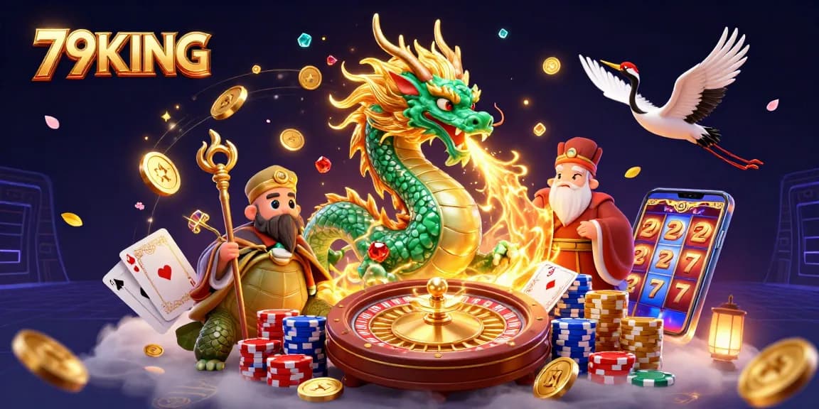 Experience exciting gaming with 79KING, featuring dragons, coins, and dazzling casino elements.