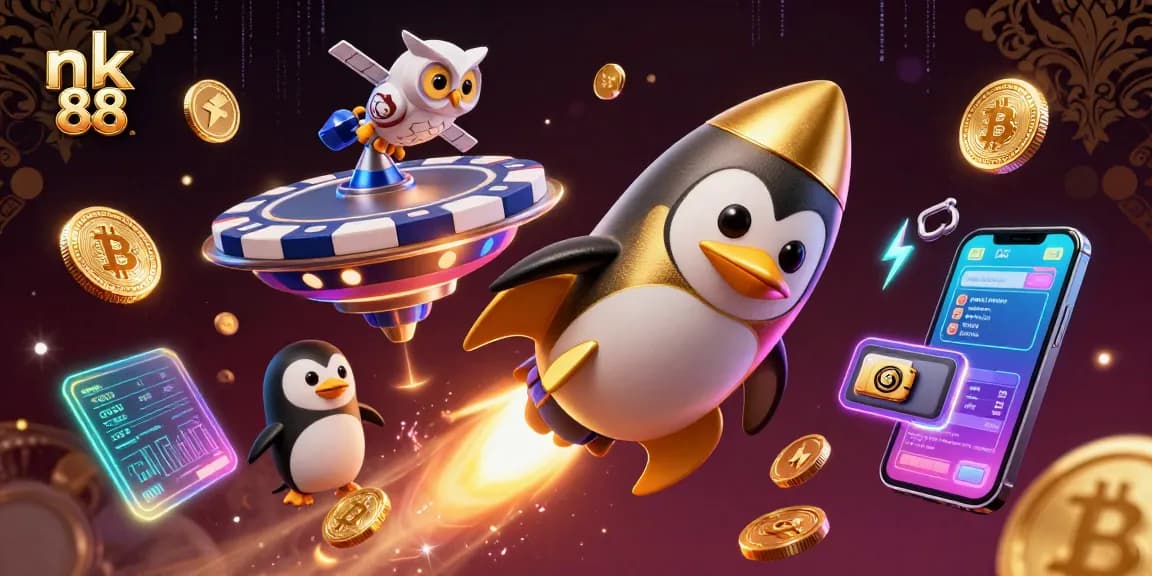 Engaging illustration of nk 88 showcasing a rocket-powered penguin and casino elements in a vibrant space setting.