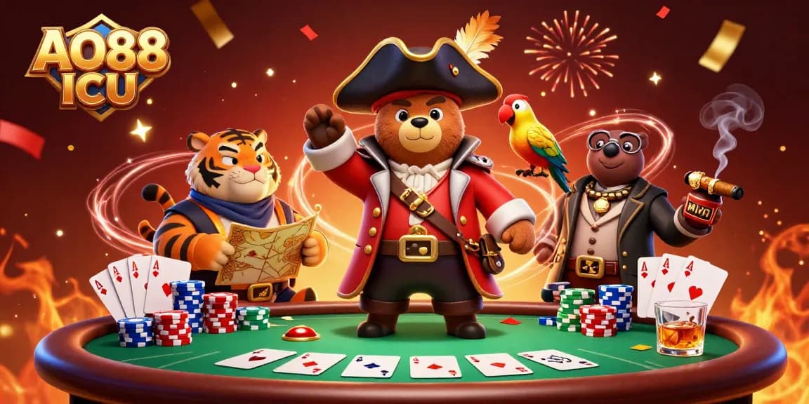 Engage with AO88 ICU, exploring thrilling poker games amid vibrant 3D pirate-themed casino elements.