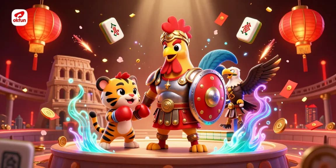 Experience the thrill of okfun with a vibrant 3D illustration of a gladiator rooster amidst gambling elements.