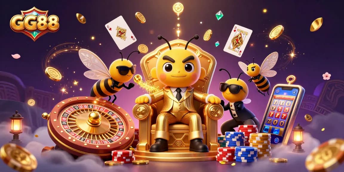 Win big with GG88 in this vibrant casino scene featuring a charming mob boss and game elements.