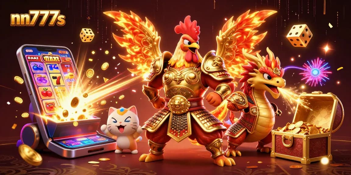 Experience the thrill at nn777s with a vibrant 3D gambling scene featuring epic characters and exciting game elements.