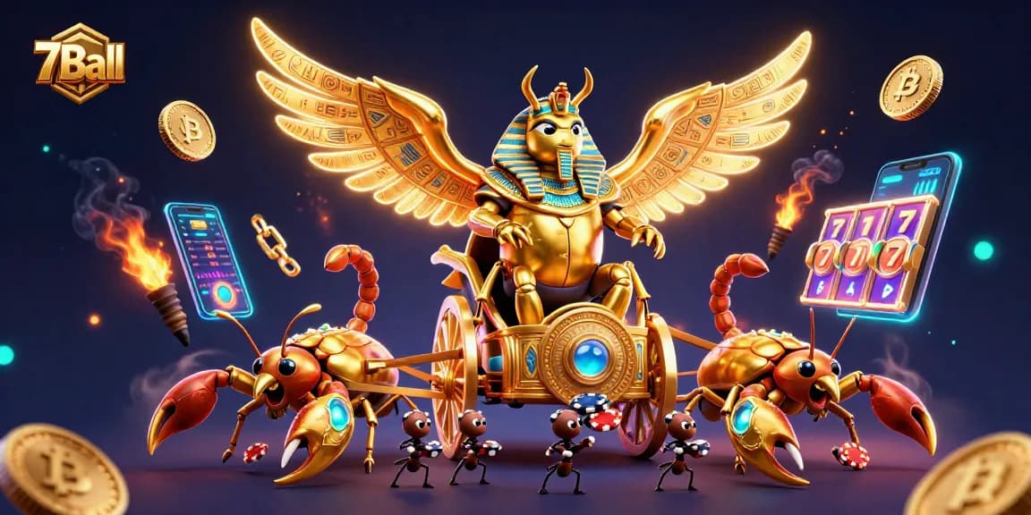 The 7Ball chariot scene boasts a colossal golden scarab beetle amidst dazzling slot reels, symbolizing gambling excitement.