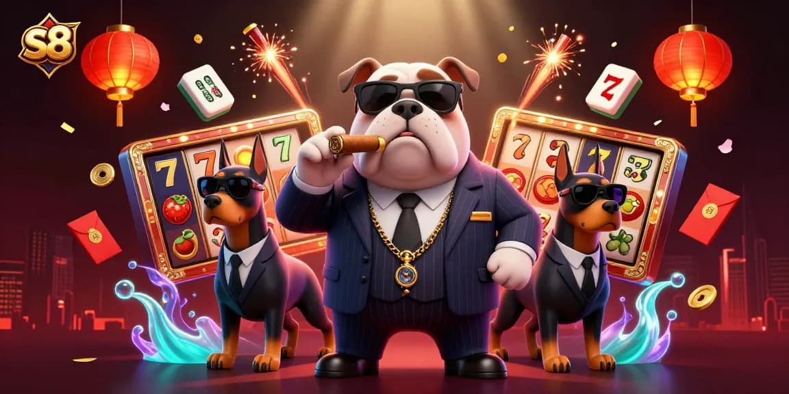 Experience thrilling gaming with S8's vibrant casino atmosphere featuring slot reels and a mafia boss.