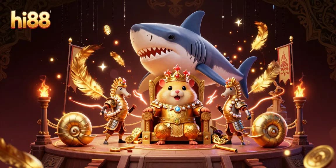 Engage with hi88's vibrant casino experience featuring a golden hamster king amidst a dynamic gambling arena.