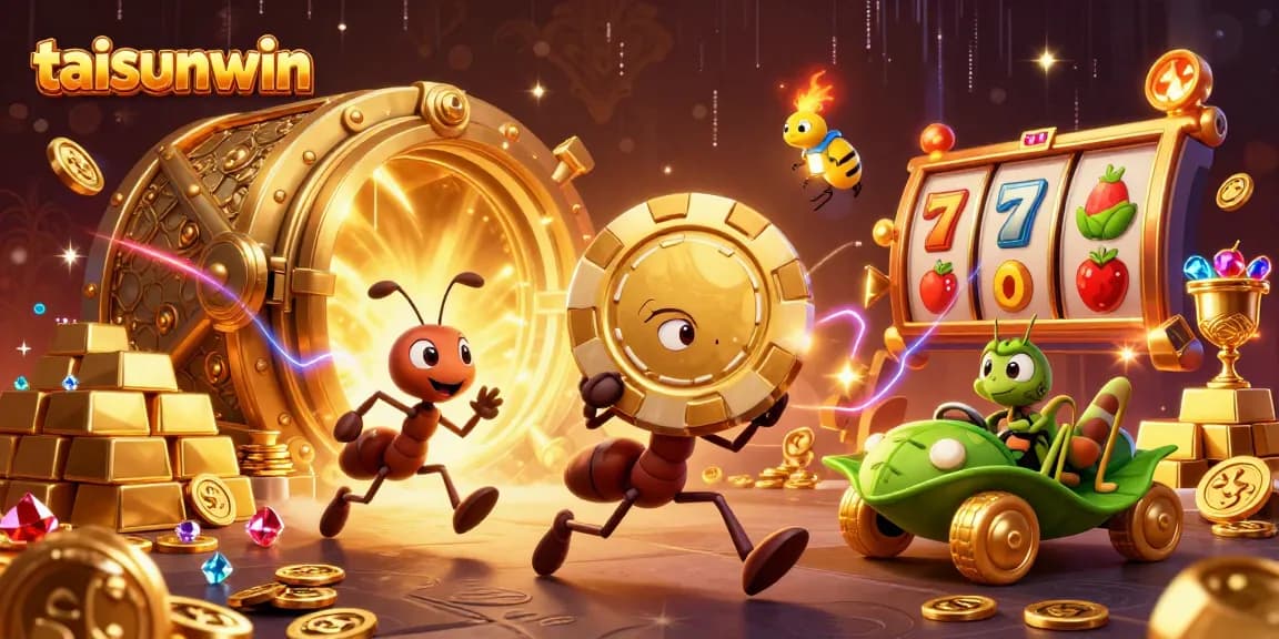 Engage with taisunwin's vibrant casino heist scene featuring animated ants and dazzling treasure.