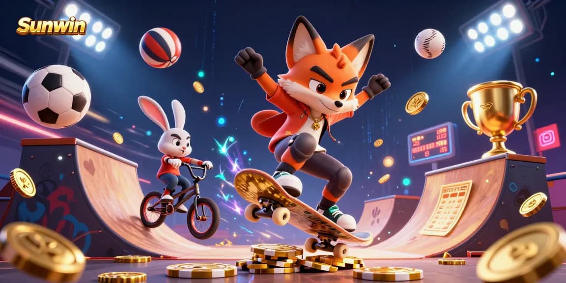 Sunwin brings excitement with a fox doing tricks over golden poker chips amidst dynamic sports elements.
