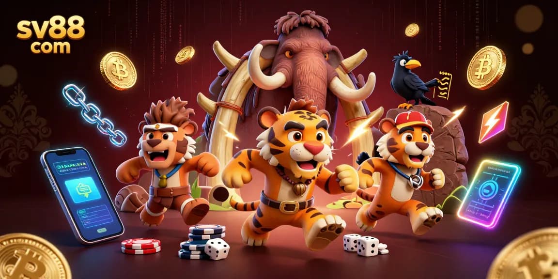 Bet and win at sv88 com with cavemen in a prehistoric casino adventure featuring cryptocurrency symbols and vibrant visuals.