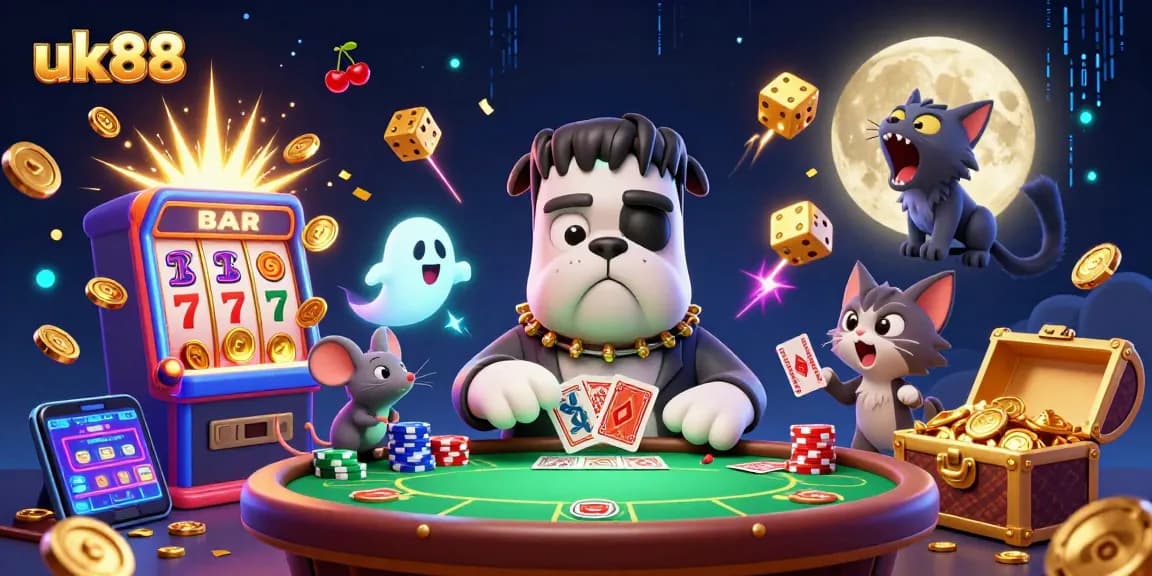 Experience thrilling poker action with uk88 featuring a cartoon dog dealer and a ghost mouse amidst vibrant casino visuals.