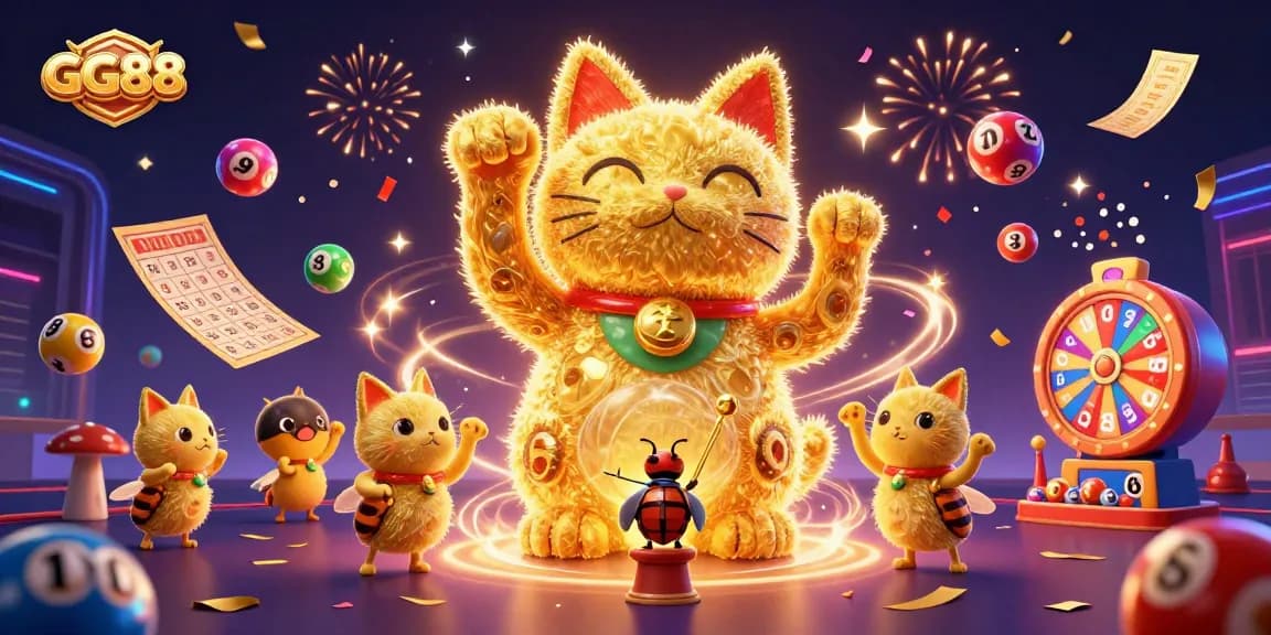 Experience the vibrant GG88 gaming adventure with dynamic lottery elements and a lucky cat illustration.