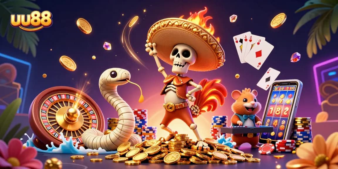 Experience thrilling jackpots at uu88 with vibrant casino characters amidst cascading coins and vivid slot games.