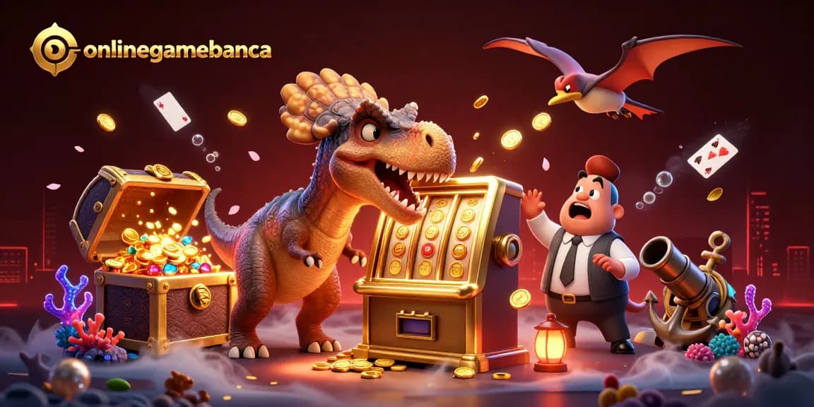 onlinegamebanca showcases a lively 3D scene with dynamic characters, symbolizing casino excitement.