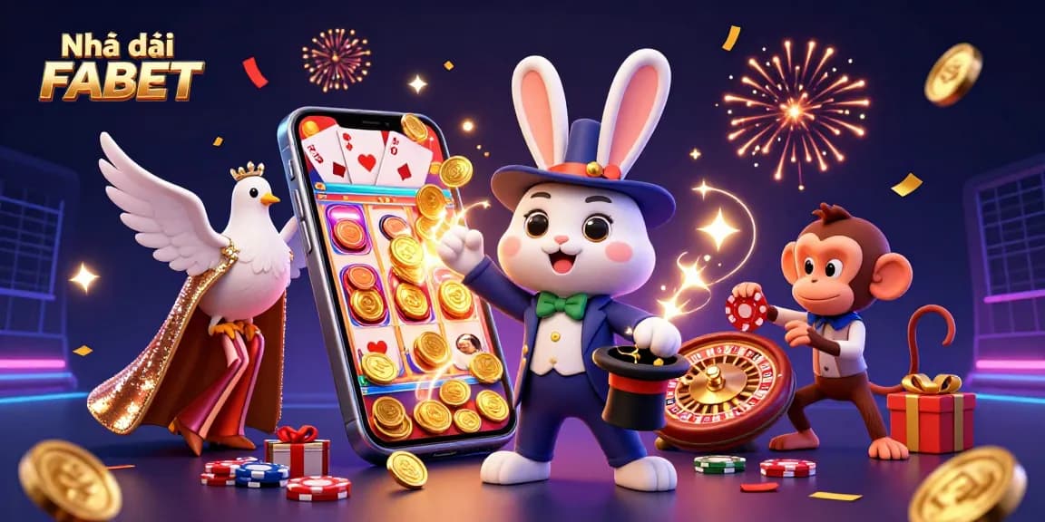 Experience the magic of Nhà cái FABET in vibrant 3D illustration with a whimsical casino theme.